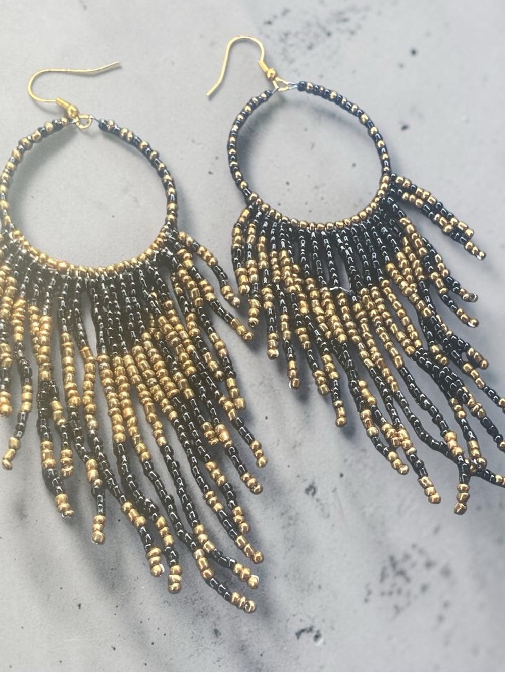 Fringe Beaded Hoop Earrings - Black & Gold